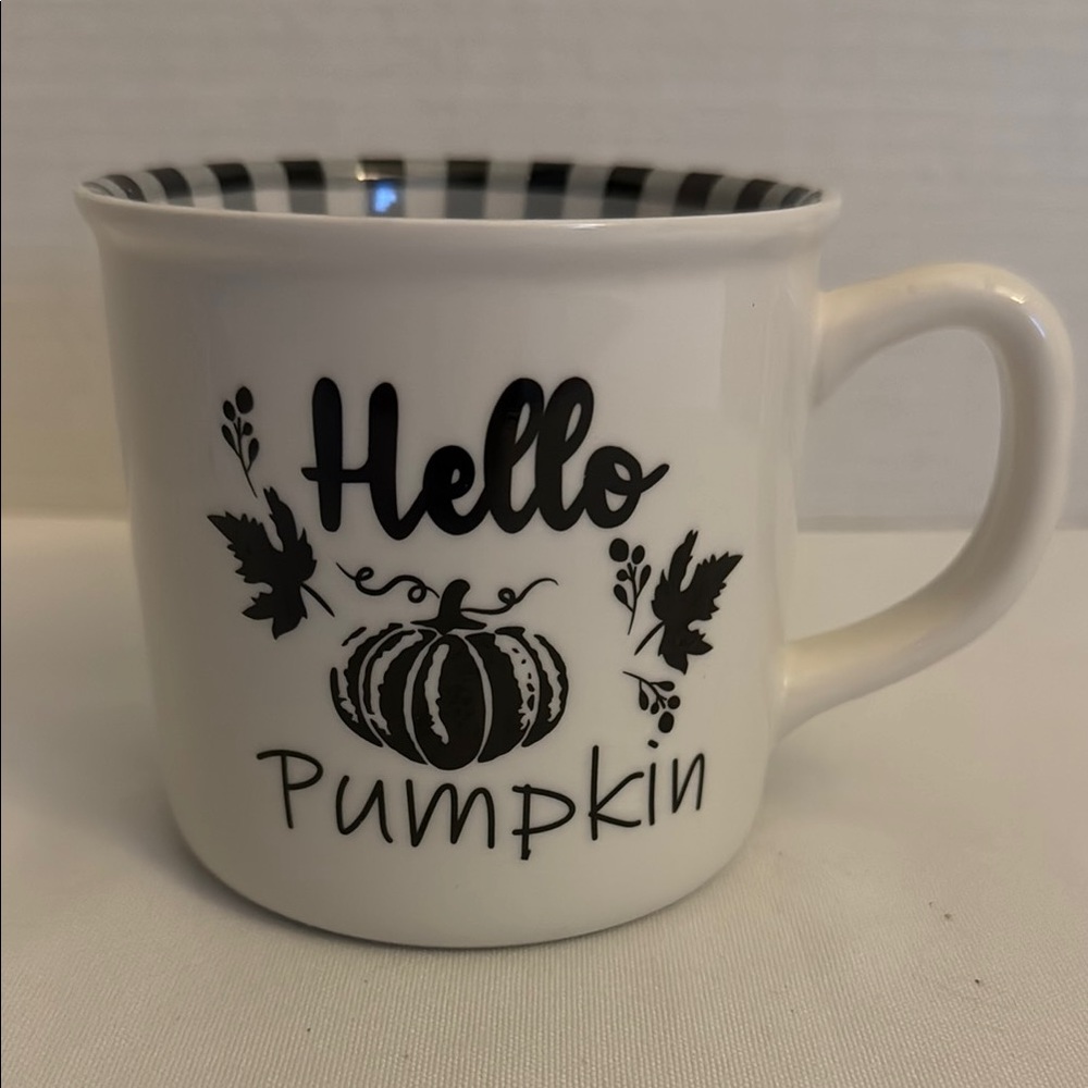 Hello Pumpkin Ceramic Gift Mug Cup Black and White Checkered Inside Fall Harvest